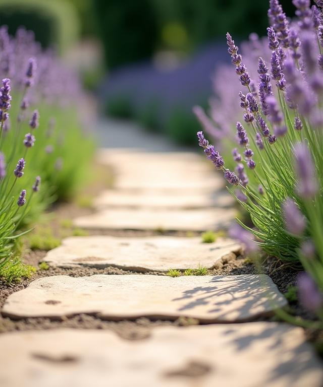 Dettaglio di un sentiero in pietra antica circondato da lavanda in un giardino restaurato.