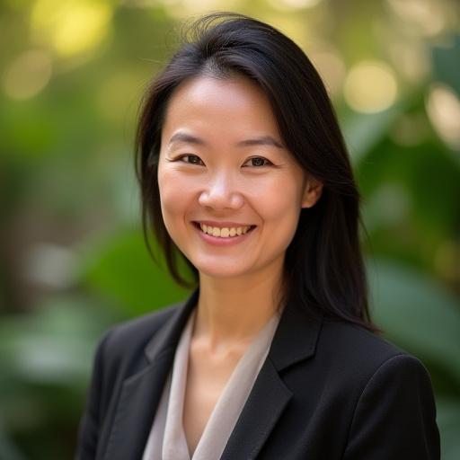 Portrait of the lead designer of Terra Sculpt, Ms. Li Wei, in a serene garden setting, conveying expertise and passion for horticulture.