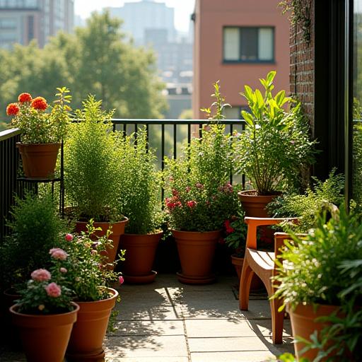 A small but lusciously transformed condominium balcony garden, featuring diverse potted plants and cozy seating.