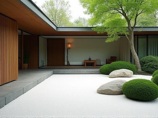 A tranquil, minimalist Zen garden meticulously designed for a residence in Goodwood, featuring raked gravel and sculpted plants.