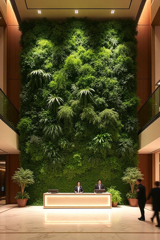 An expansive, vibrant vertical garden wall creating a dramatic biophilic statement in a luxury hotel lobby.