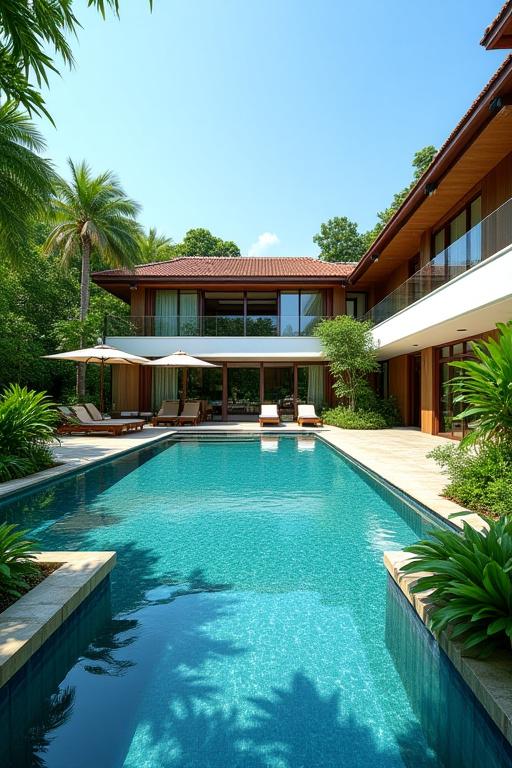 A luxurious home in Sentosa with a tropical pool garden featuring lush palms and elegant lounging areas, a Terra Sculpt design.