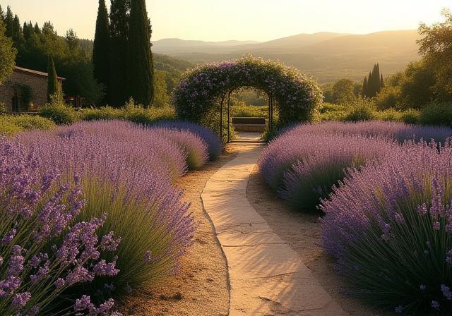 Sentiero fiorito in un giardino di campagna toscano.