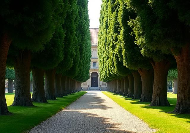 Viale alberato restaurato nel parco di un antico convento.