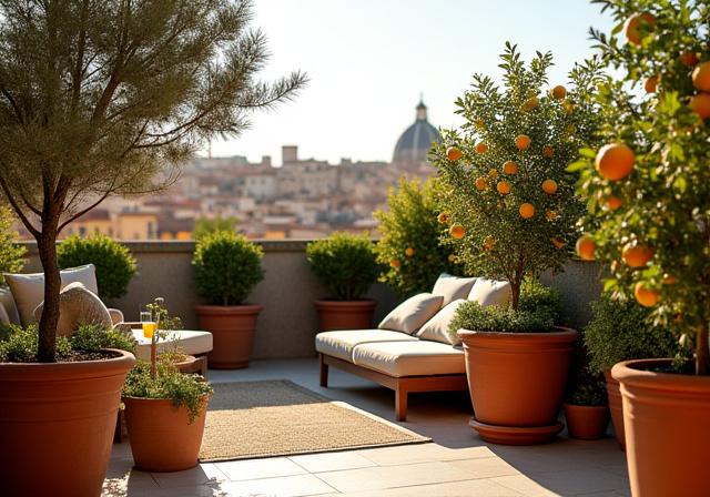 Terrazza rigogliosa con piante di agrumi e un'area salotto.