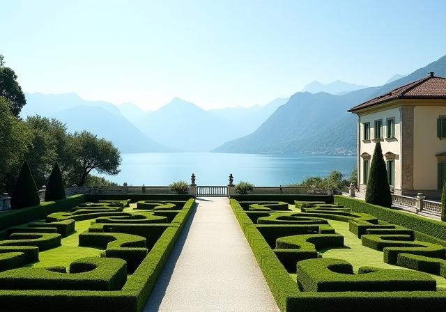 Giardino formale di una villa storica con vista sul lago.