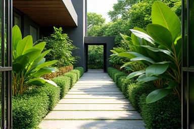 A custom-designed residential garden with a stone pathway leading through lush tropical plants in Singapore.