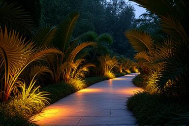 Subtle, warm, and elegant lighting illuminating a winding garden path and highlighting unique plant specimens at night.