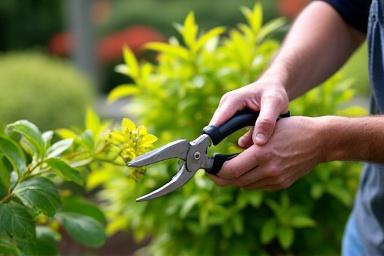 A professional gardener carefully pruning a vibrant shrub in a manicured garden with precision and care.