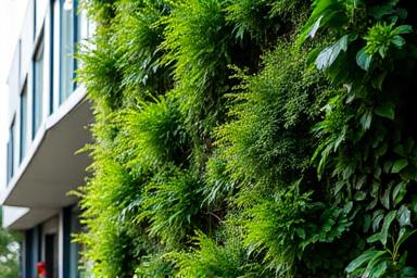 A lush, thriving vertical garden adorning the exterior wall of a modern urban building in the city.