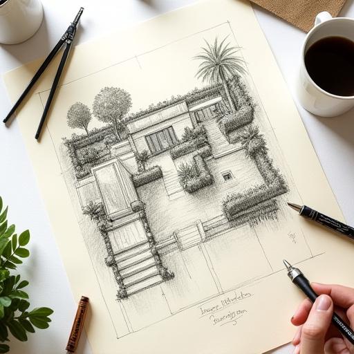 Schizzo di progettazione di un giardino.