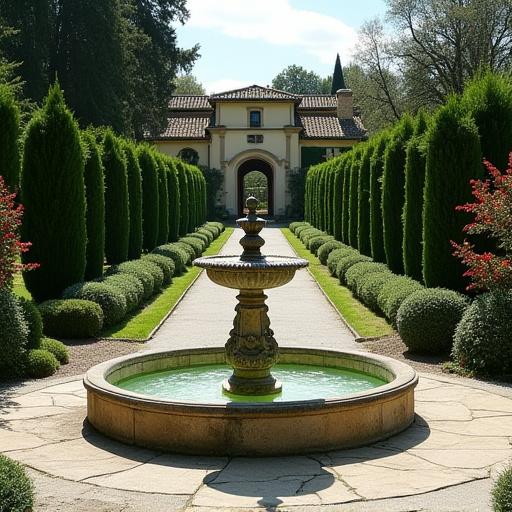 Fontana storica restaurata in un giardino all'italiana.