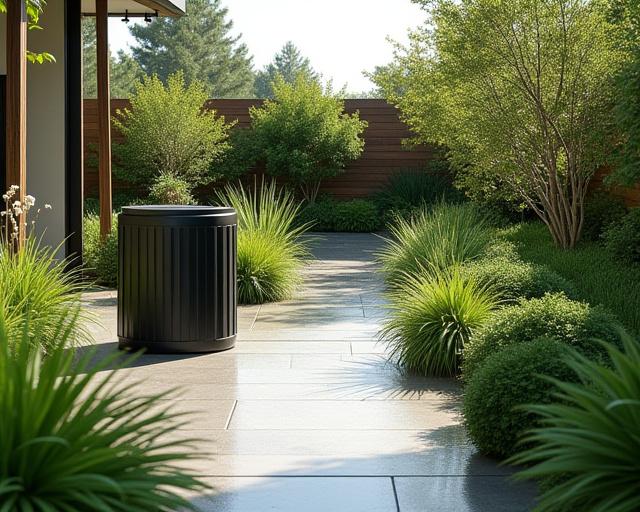 Sistema di raccolta dell'acqua piovana integrato in un design di giardino moderno.